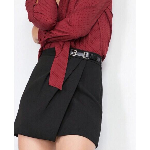 EUC Zara Black Buckle Mini Skirt Size M High Waisted Faux Wrap Style Tailored - Picture 7 of 11